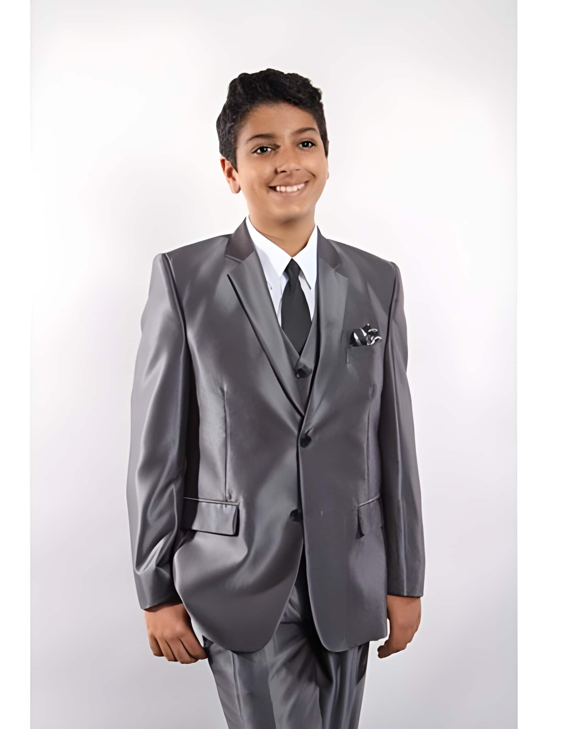 Silver Boy 3 ~ Three Piece Toddler Suits for Weddings Vested w/ White Shirt, Tie & Hanky Stylish Sheen