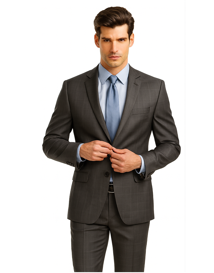 Single Breasted 2 Button Slim Fitted affordable Cheap Priced Business Suits Clearance Sale online sale Charcoal Plaid ~ Windowpane patternl