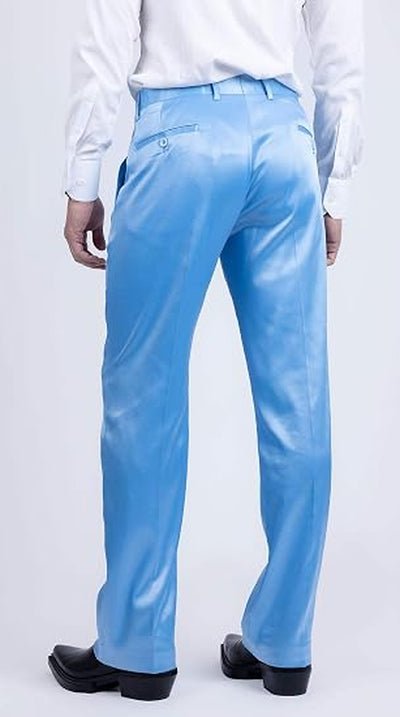 Mens Shiny Stretch Pants Solid Color Slim Fit Sateen Flashy Metallic Slacks in Color "Sky Blue"