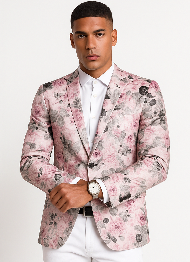 Mens Slim Fit Shawl Label Paisley Prom Tuxedo Jacket in Pink and Black