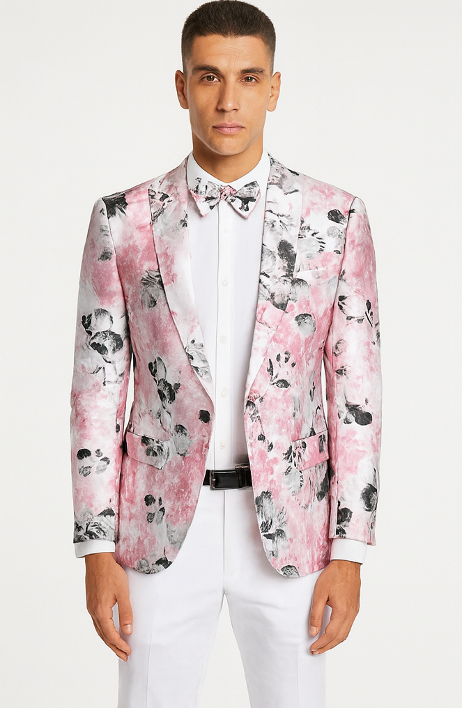 Mens Slim Fit Shawl Label Paisley Prom Tuxedo Jacket in Pink and Black