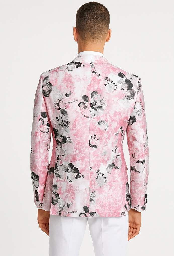 Mens Slim Fit Shawl Label Paisley Prom Tuxedo Jacket in Pink and Black