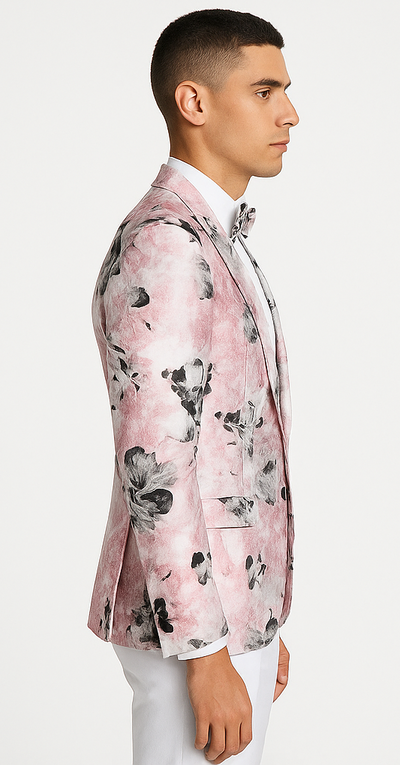 Mens Slim Fit Shawl Label Paisley Prom Tuxedo Jacket in Pink and Black