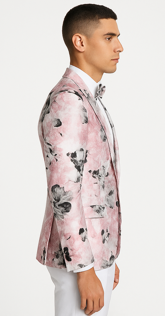 Mens Slim Fit Shawl Label Paisley Prom Tuxedo Jacket in Pink and Black