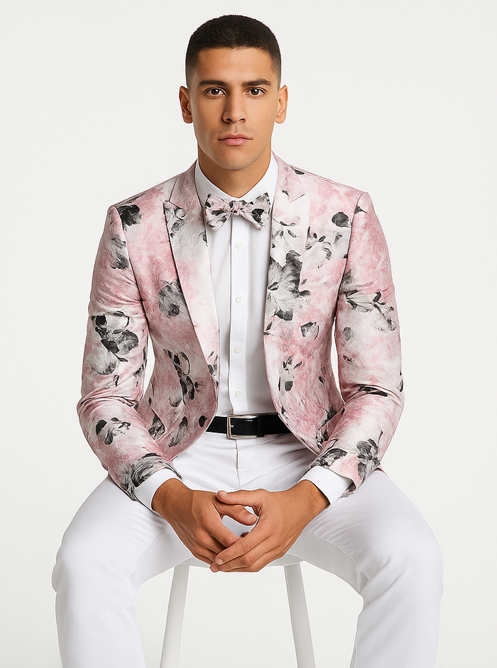 Mens Slim Fit Shawl Label Paisley Prom Tuxedo Jacket in Pink and Black
