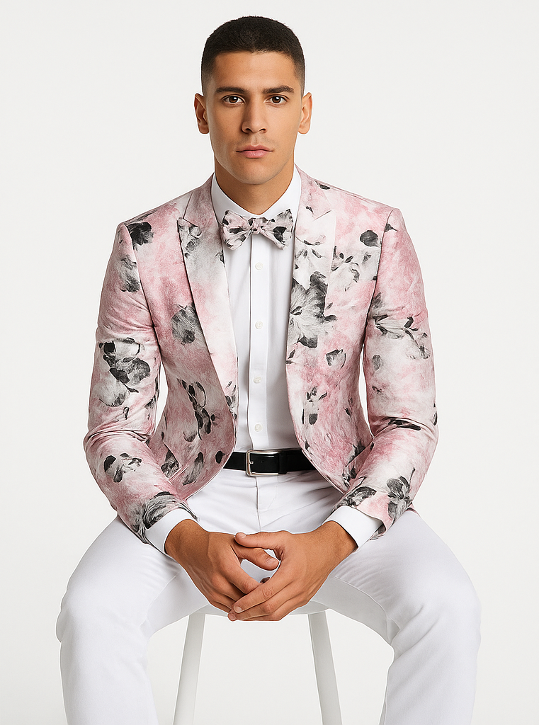 Mens Slim Fit Shawl Label Paisley Prom Tuxedo Jacket in Pink and Black