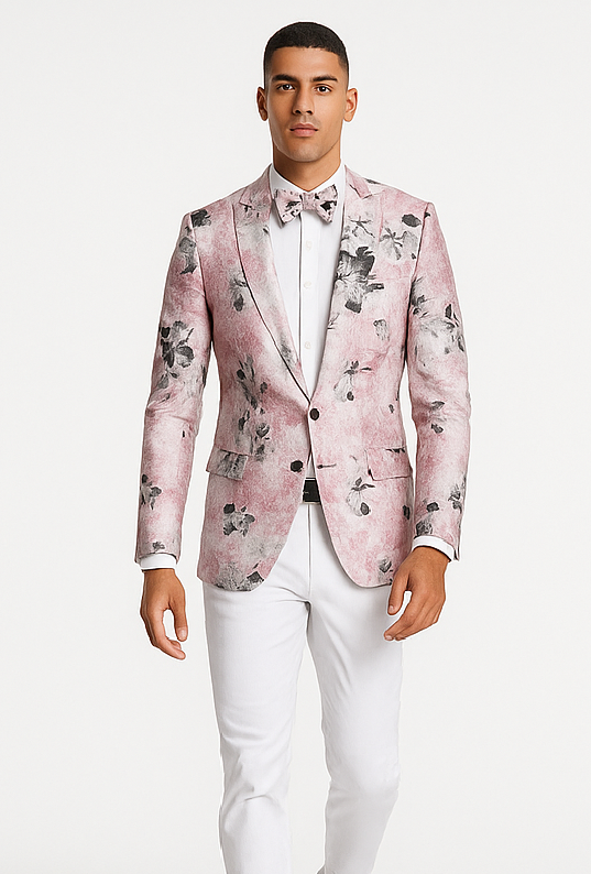 Mens Slim Fit Shawl Label Paisley Prom Tuxedo Jacket in Pink and Black