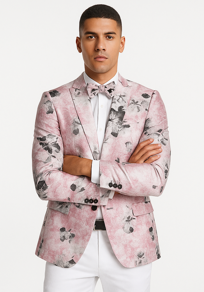 Mens Slim Fit Shawl Label Paisley Prom Tuxedo Jacket in Pink and Black