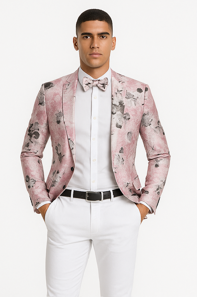 Mens Slim Fit Shawl Label Paisley Prom Tuxedo Jacket in Pink and Black