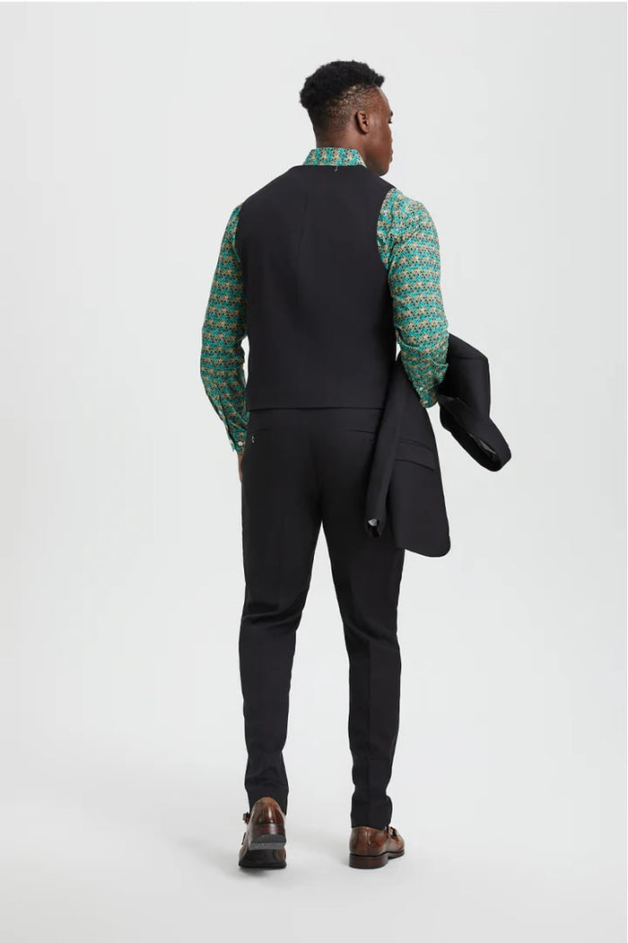 Stacy Adams Black Peak Lapel Vested Suit