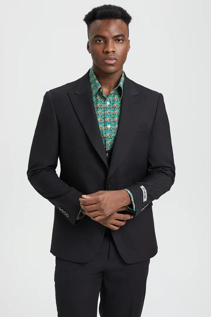 Stacy Adams Black Peak Lapel Vested Suit