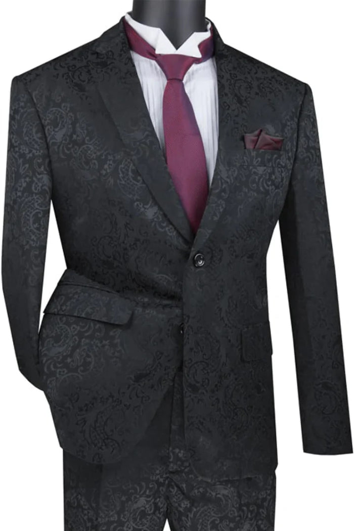 Black Shiny Paisley Slim Prom & Wedding Suit