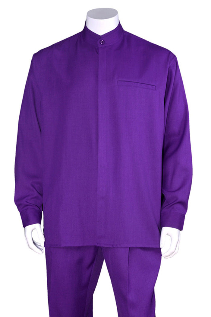 Mens Long Sleeve Mandarin Collar Casual Leisure Set in Purple