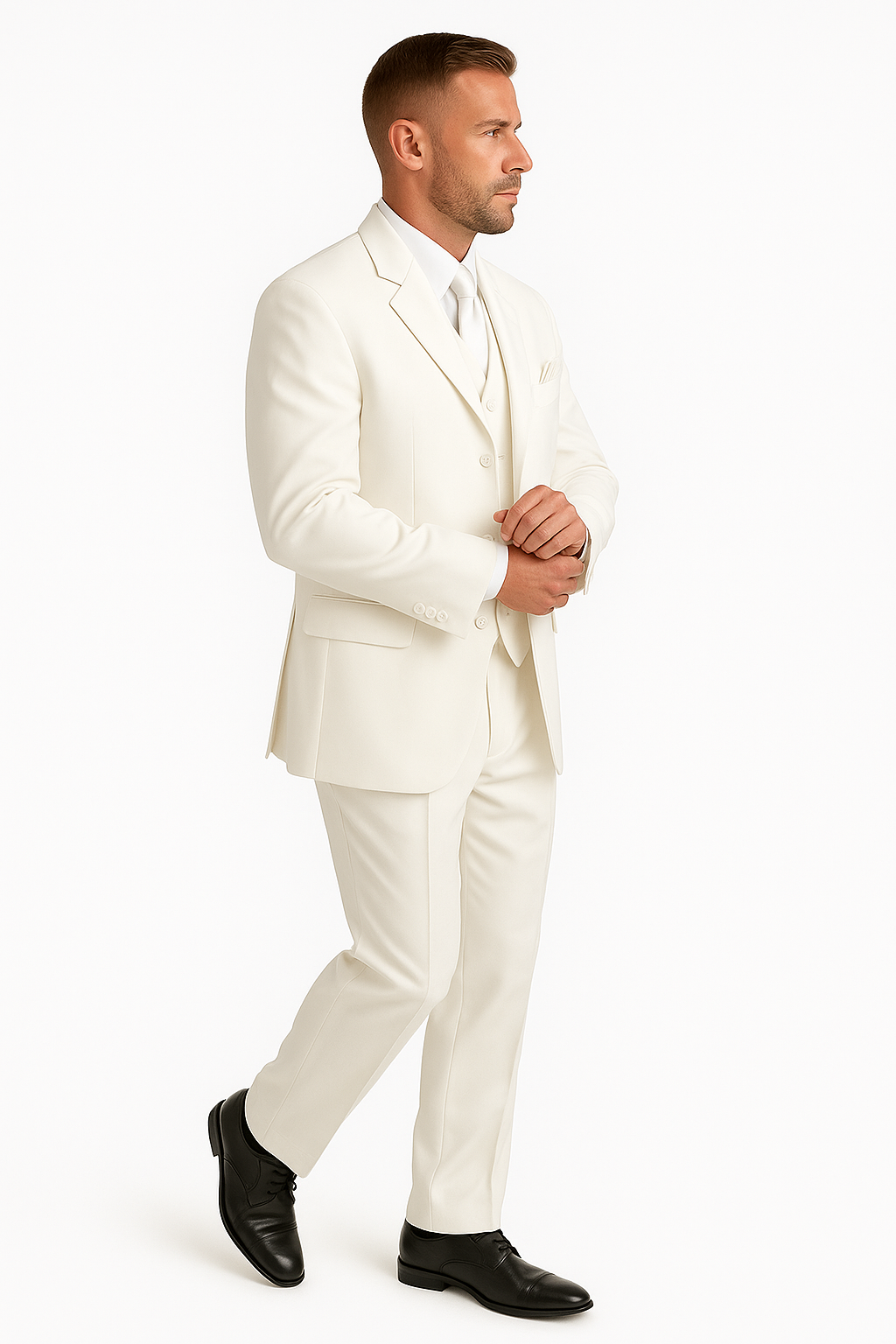 Men's 2 or 3 buttons 3 Piece Snow White Three Piece Vested Suit Pleated Pants Side Vent