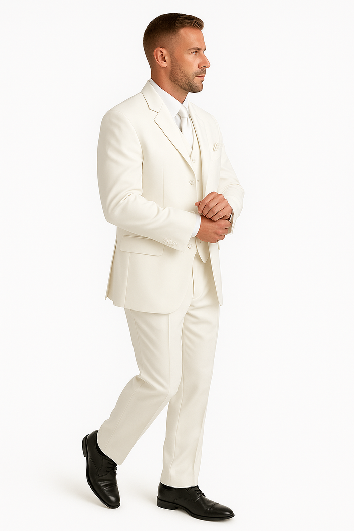 Men's 2 or 3 buttons 3 Piece Snow White Three Piece Vested Suit Pleated Pants Side Vent
