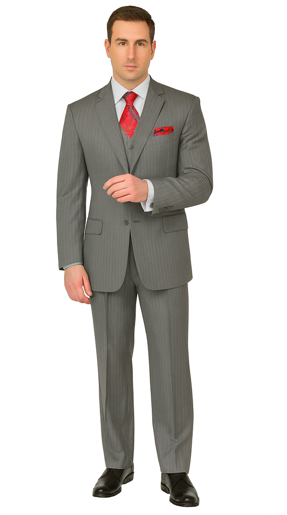 Sovana Collection - Regular Fit 3 Piece Suit 2 Button Tone on Tone Stripe in Gray