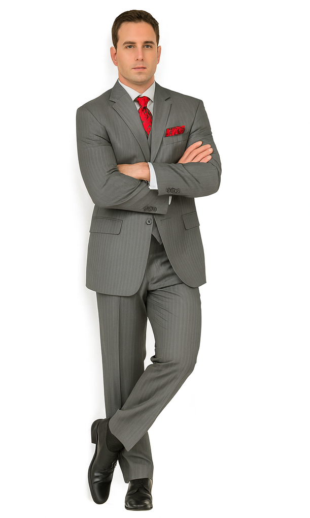 Sovana Collection - Regular Fit 3 Piece Suit 2 Button Tone on Tone Stripe in Gray