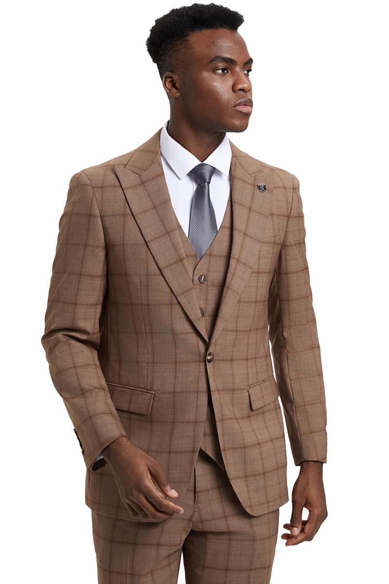 Stacy Adams Light Brown Windowpane Vested Suit