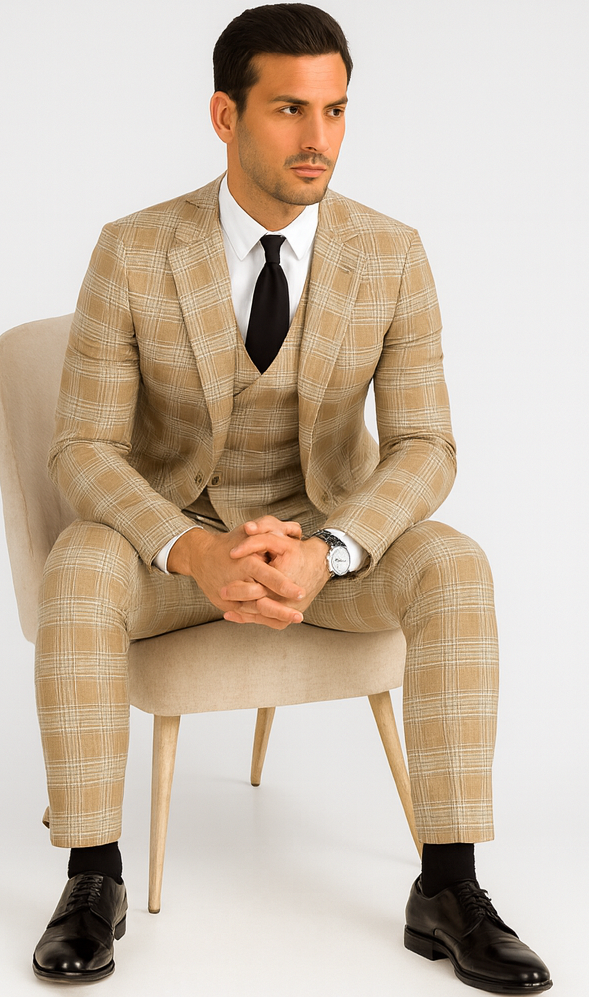Stacy Adams Mens Plaid Suit Beige