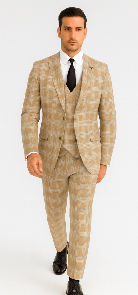 Stacy Adams Mens Plaid Suit Beige