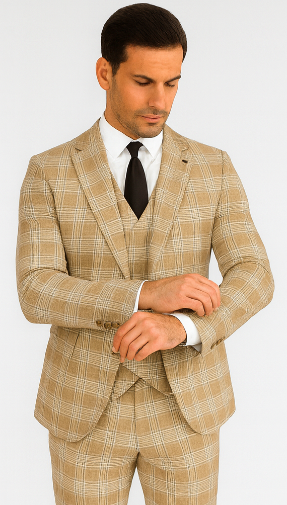 Stacy Adams Mens Plaid Suit Beige