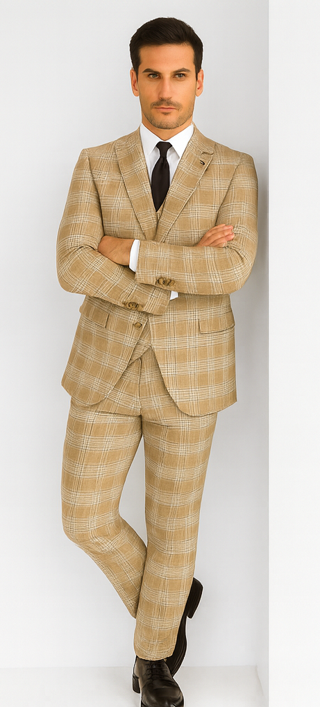 Stacy Adams Mens Plaid Suit Beige