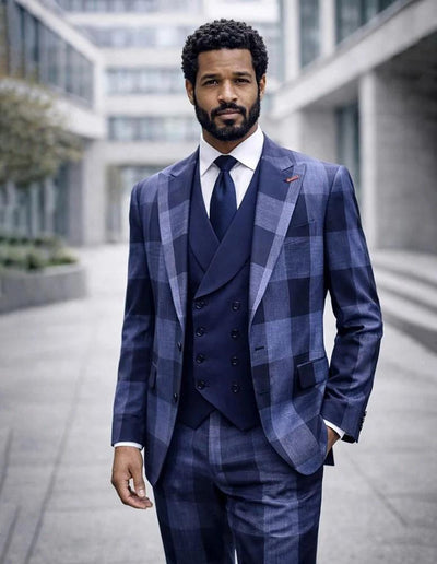 Statement Men's Big Plaid Wool Peak Lapel Modern Fit Suit 3 Piece Navy Venus (Copy)
