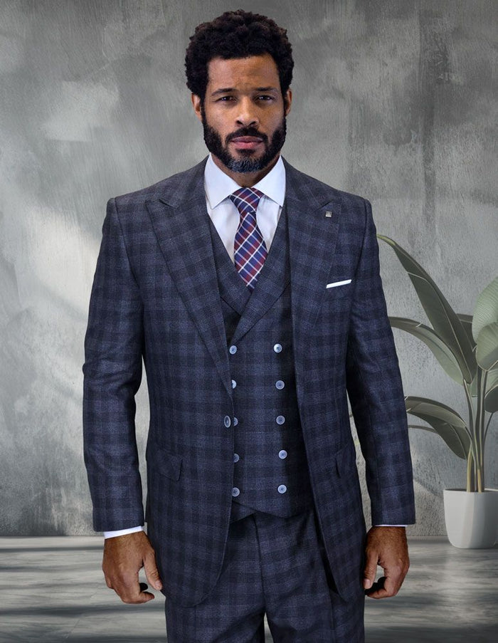 Statement Mens Classic Fit 3 Piece 100% Wool Windowpane Plaid Suit – Wide Leg Pleated Pants