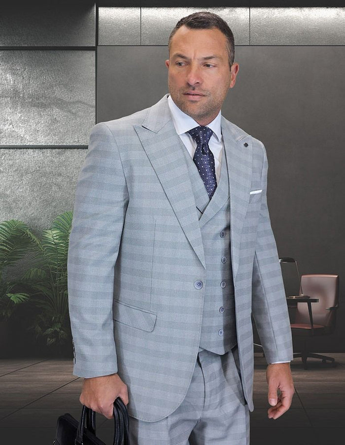 Statement Mens Classic Fit 3 Piece 100% Wool Windowpane Plaid Suit – Wide Leg Pleated Pants