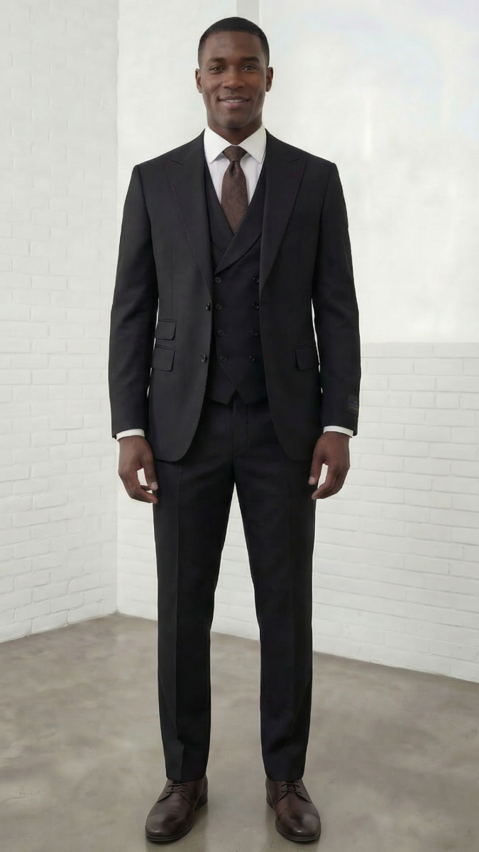 Statement Mens Modern Fit 3 Piece 100% Super 200s Wool Suit – Peak Lapel, Double Breasted Vest