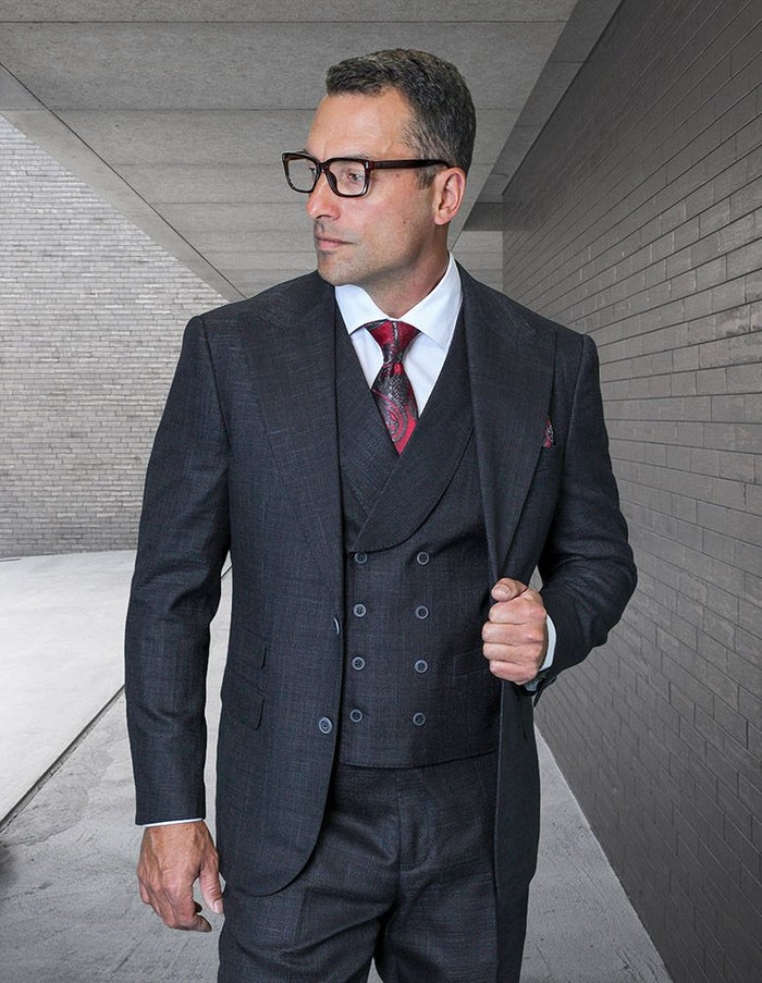 Statement Mens Modern Fit 3 Piece 100% Super 200s Wool Suit – Wide Peak Lapel, Double Breasted Vest