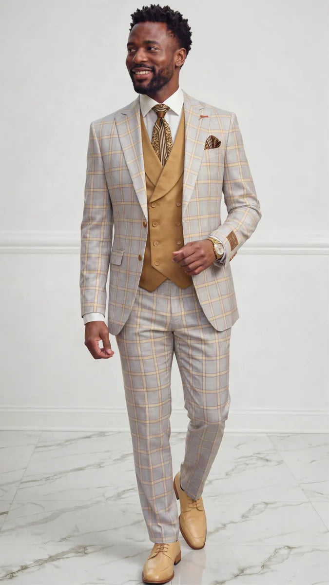 Statement Mens Modern Fit 3 Piece 100% Wool Sharp Windowpane Suit – Double Breasted Vest
