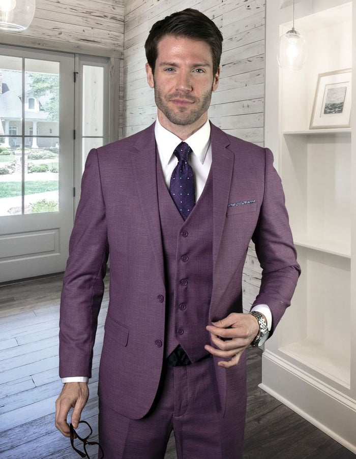 Statement Mens Modern Fit 3 Piece 100% Wool Suit – Subtle Texture, Notch Lapel Jacket