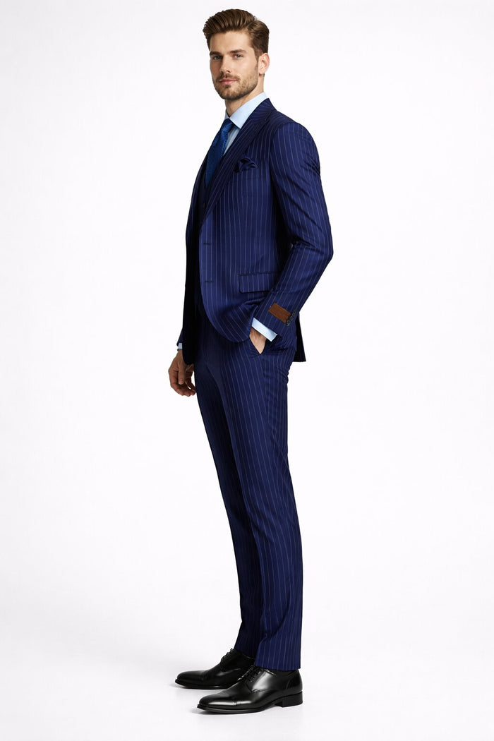 Men's Navy Peak Lapel Modern Fit Vested Suit