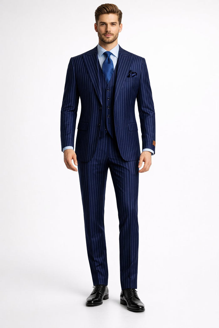 Men's Navy Peak Lapel Modern Fit Vested Suit