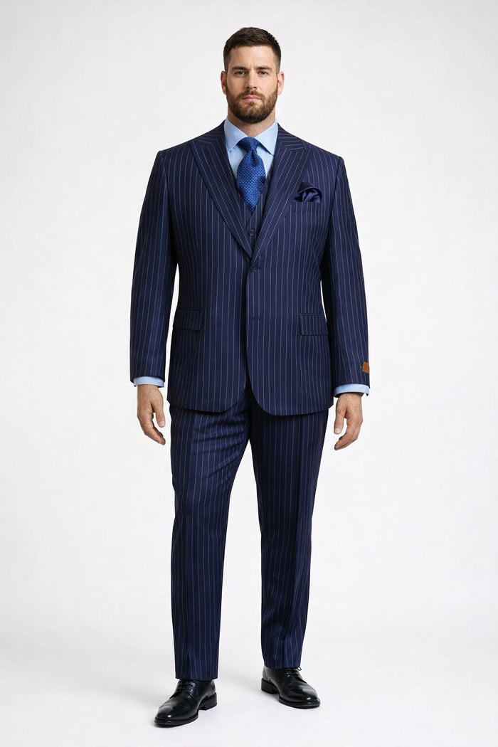 Men's Navy Peak Lapel Modern Fit Vested Suit