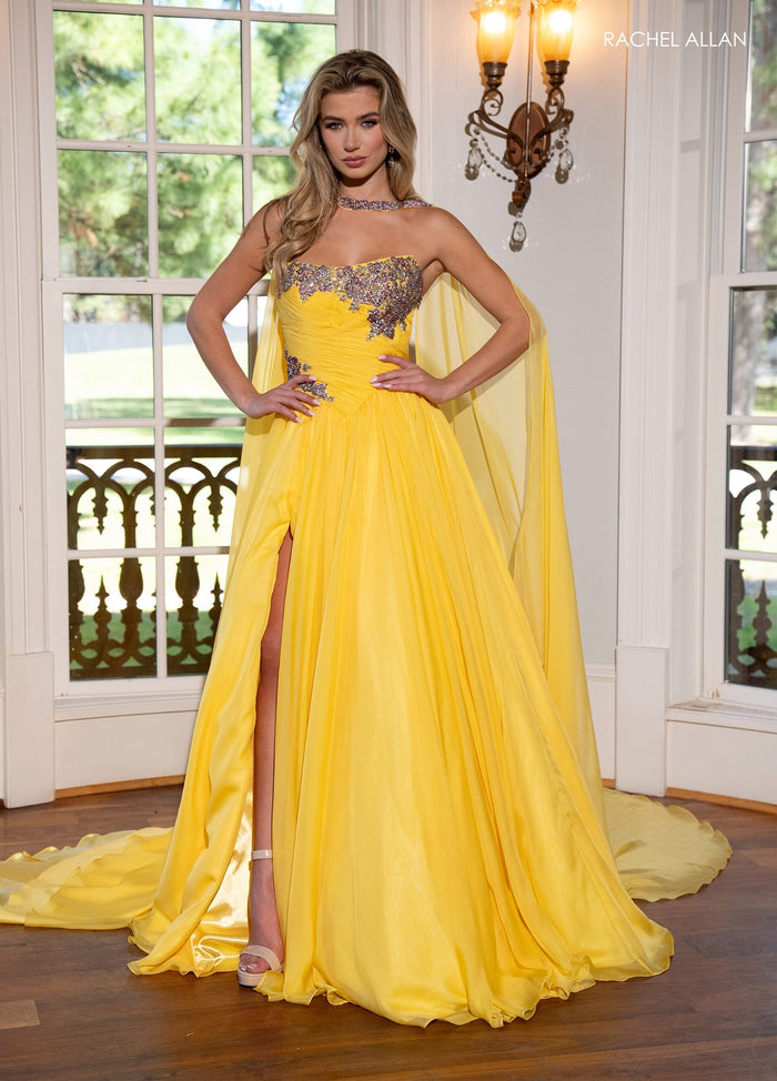 Rachel Allan 50290 Strapless Cape A-line Slit Gown