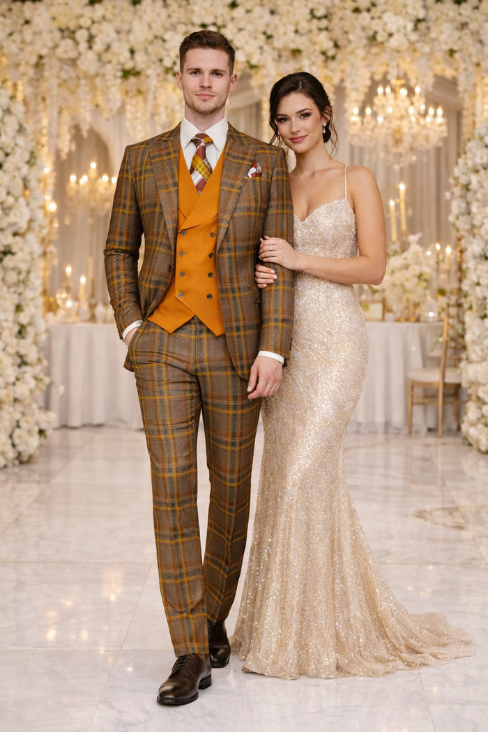 Mens Two Button Peak Lapel Suit Brown ~ Yellow