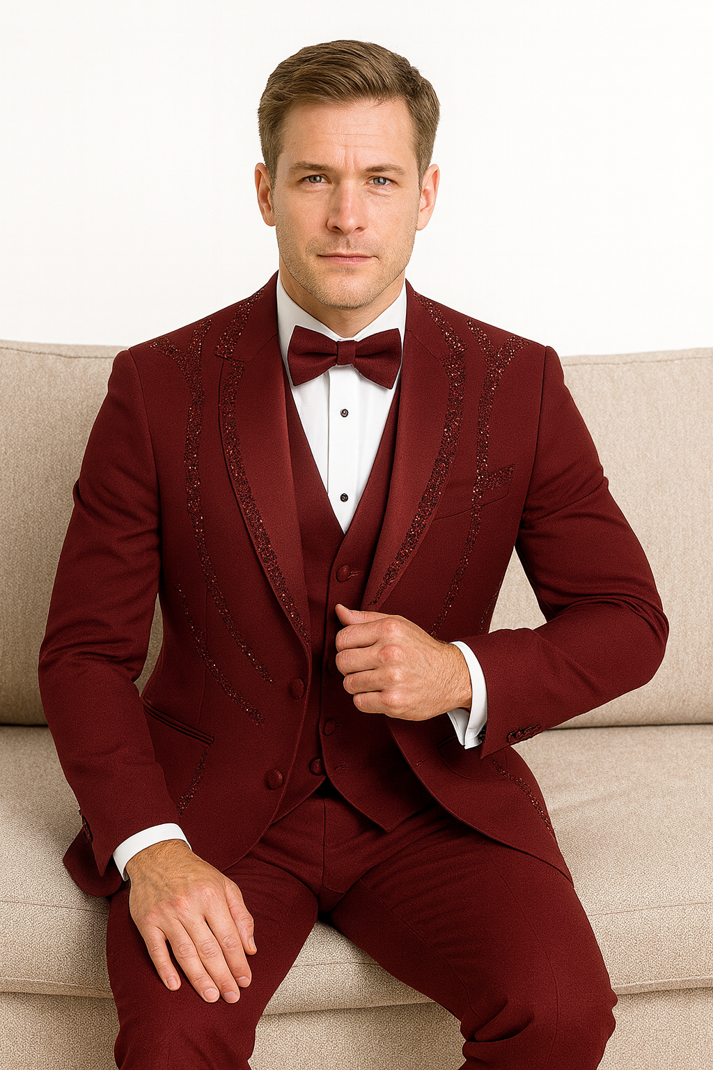 Burgundy Italian Wool 3-Piece Tuxedo for Men