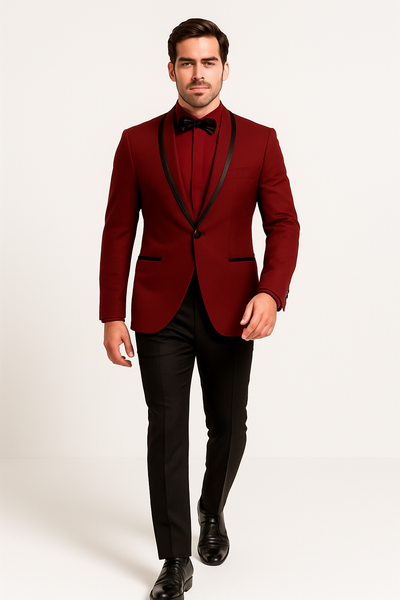 Prom ~ Wedding Tuxedo Dinner Jacket Burgundy and Black Trim