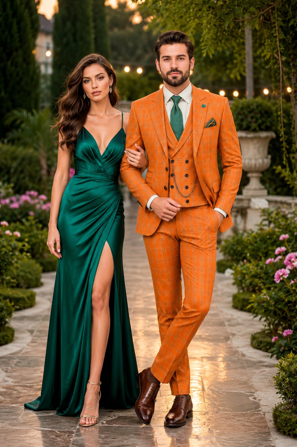 Premium Men’s Orange Plaid Suit with Vest – Wedding & Business