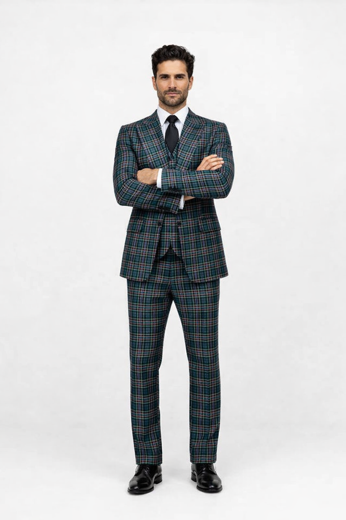 Green Wool Baggy Pleated Classic Suit by Rossiman