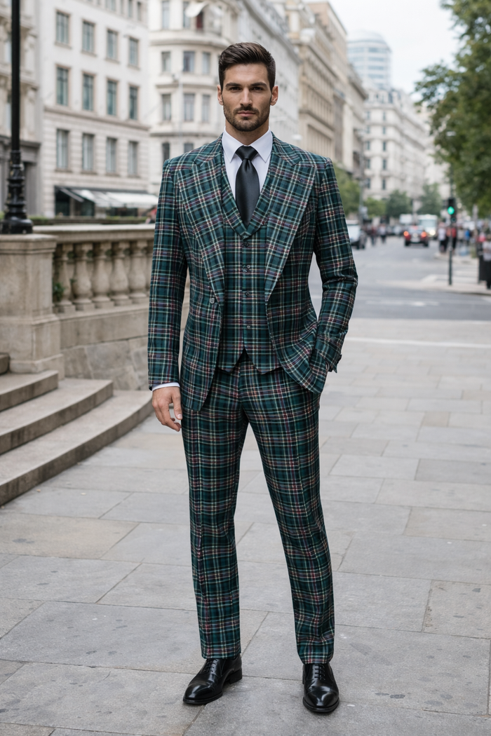 Green Wool Baggy Pleated Classic Suit by Rossiman