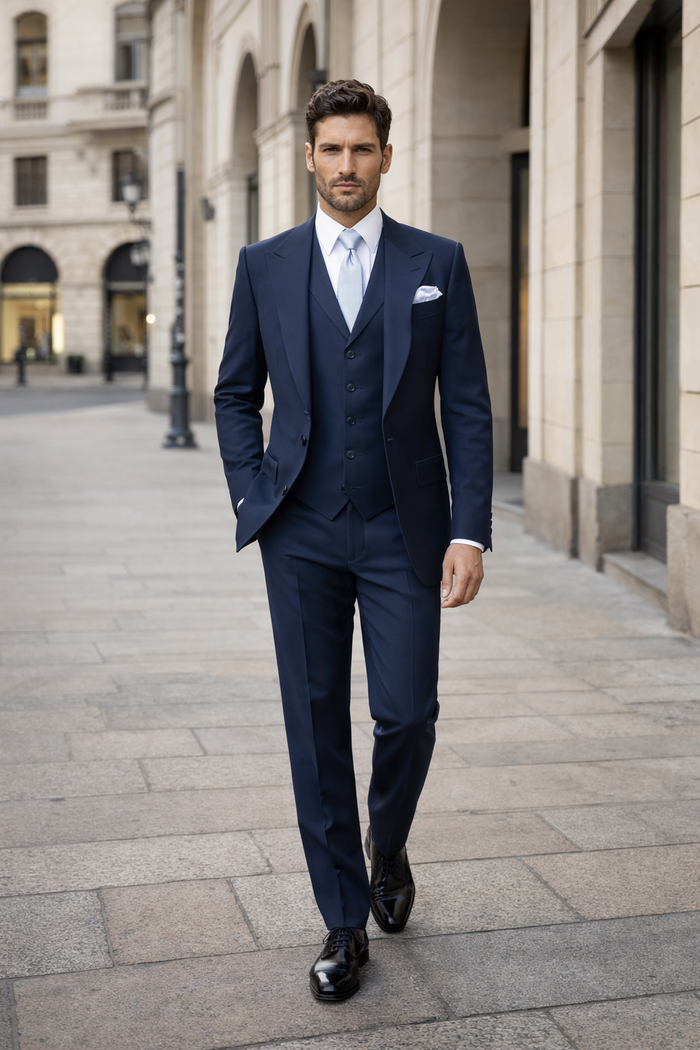 Navy Wool Baggy Pleated Suit by Rossiman