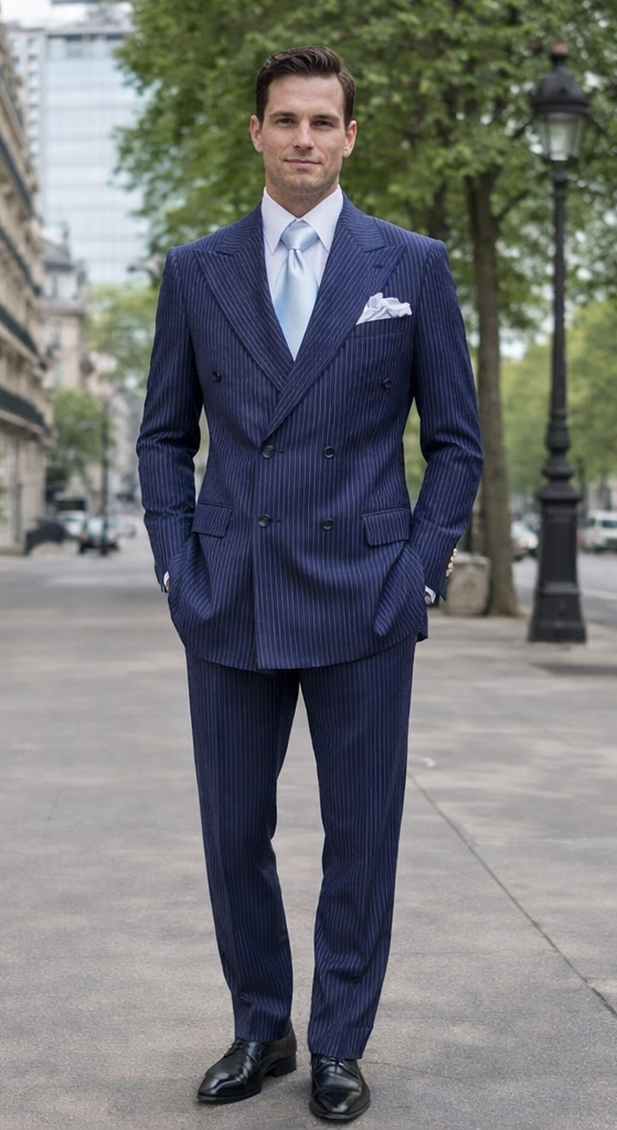Rossiman Navy Pinstripe Wool Suit - Classic Fit