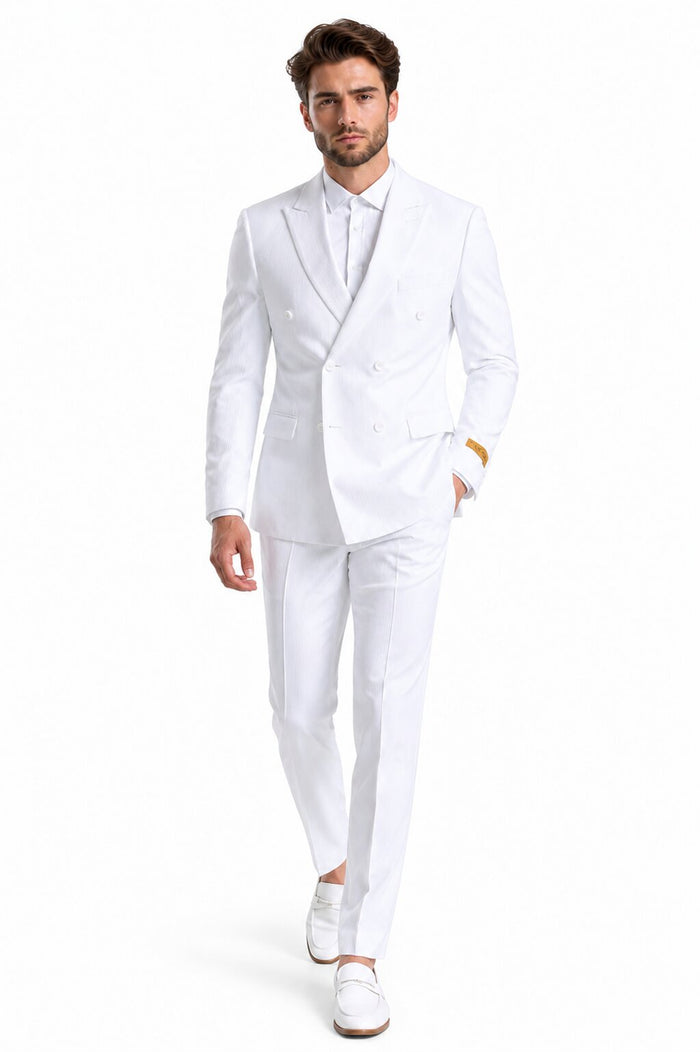Double Breasted Summer Seersucker Suit, White Pinstripe