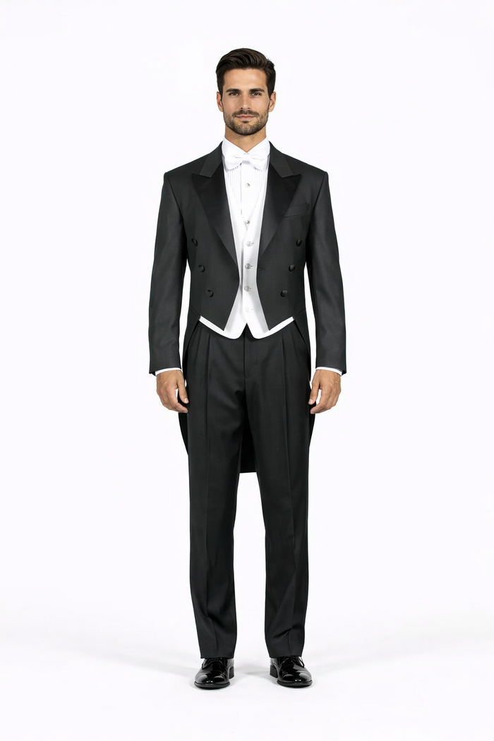 Super 150's Black Peak Tailcoat Tuxedo Jacket with the tail suit