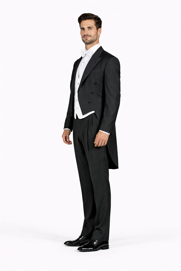 Super 150's Black Peak Tailcoat Tuxedo Jacket with the tail suit