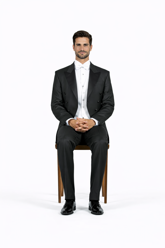 Super 150's Black Peak Tailcoat Tuxedo Jacket with the tail suit