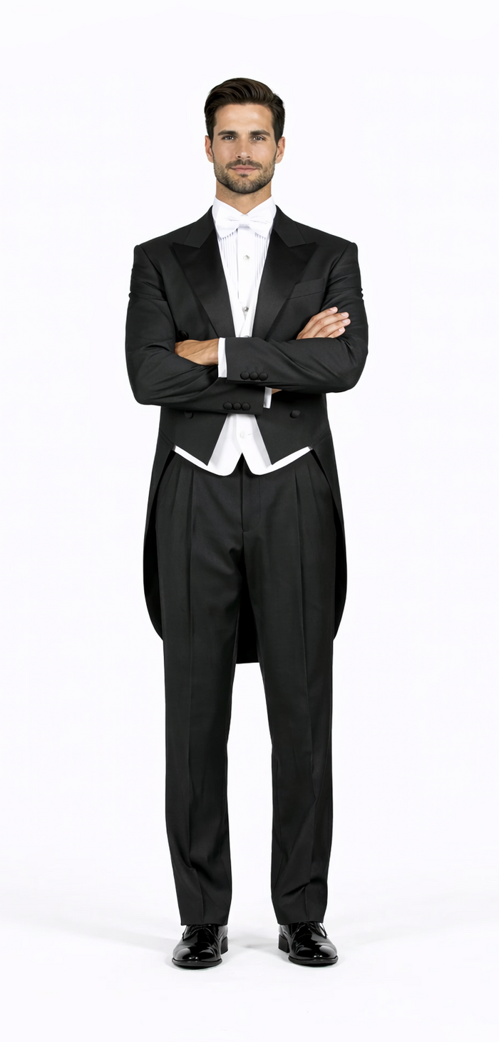 Super 150's Black Peak Tailcoat Tuxedo Jacket with the tail suit